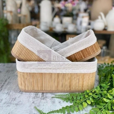 Conjunto 3 Cestos Rústico Decorativos Organizador Multiuso Natural Em Bambu Bege
