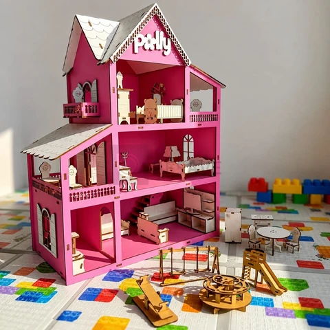 Casinha de Boneca Infantil com Moveis acompanha Parquinhos em Mdf Pintada