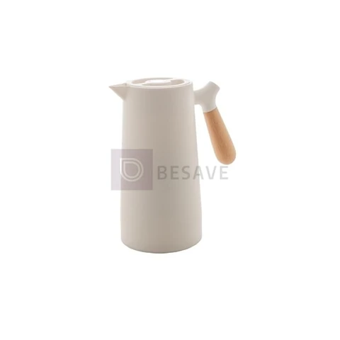 WOLFF - Garrafa Térmica de Plástico com Cabo de Madeira Nórdica 1L Branca - Mesa Posta - Itens Para Casa - Utensílios de Cozinha - Perfeita Para Café e Chá