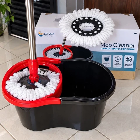 Mop Giratorio Com cabo de 140 cm Cesto Em Inox - Balde Centrífuga - C/2 Refil | Bnvt