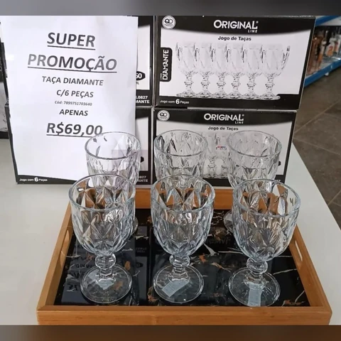 Jogo 6 Taças de Cristal 340ml Diamond Transparente Lapidado Vitrex