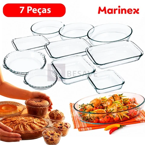 Conjunto Marinex Kit Jogo de Travessas 7 peças Variadas em Vidro Temperado próprias P/ Forno