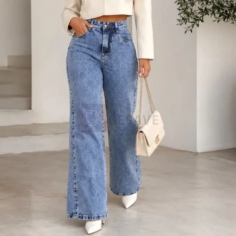 Calça Jeans Pantalona Wide Leg Feminina Cintura Alta Larga