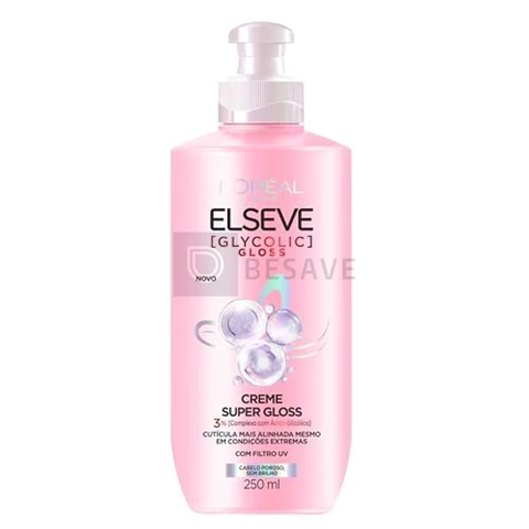 Elseve Glycolic Gloss, Creme de Pentear Super Gloss, Tratamento com Ácido Glicólico para Brilho Intenso, Sela Cutículas, Controla o Frizz, com Proteção Térmica e UV, 250ml