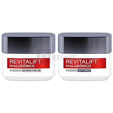 Kit Hidratante Facial L'Oréal Paris Revitalift Hialurônico Diurno FPS 20 + Noturno, Tratamento Antirrugas e Preenchedor com Ácido Hialurônico Puro, 49g