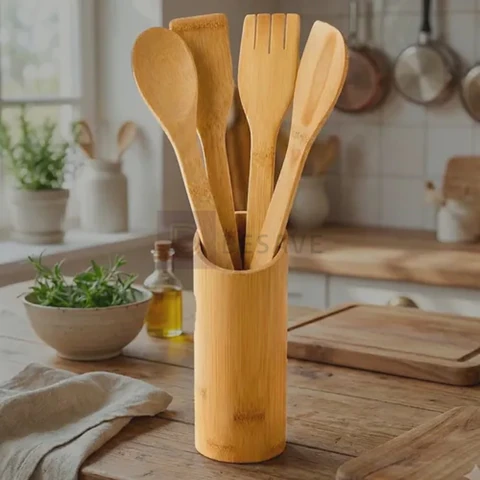 Conjunto Talheres Bambu 5 Peças Pau Colher Garfo Espátulas