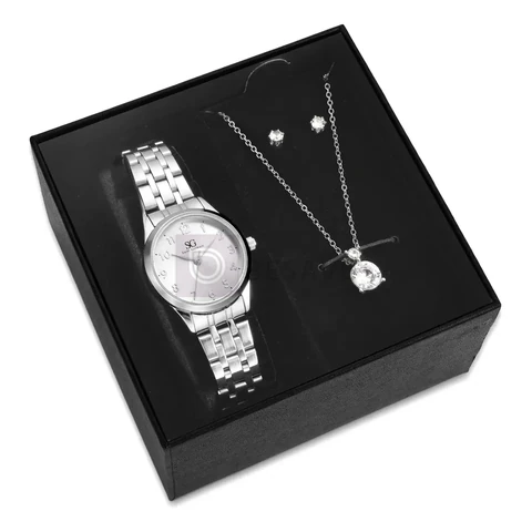 Kit Relógio Colar Brincos Prata Feminino Saint Germain 28 Mm