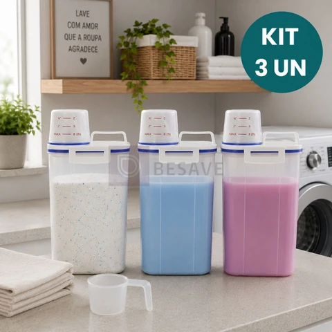 - Kit 3 Potes Herméticos 2L Para Lavanderia Com Vedação P/ Sabão em Pó Amaciante Produtos de Limpeza Organização Total