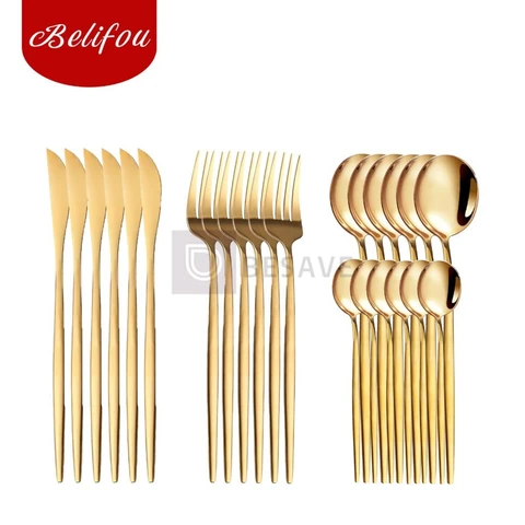 Belifou Kit 24 Jogo De Talheres Inoxidável Suprimentos Cozinha Talheres Dourados Talheres
