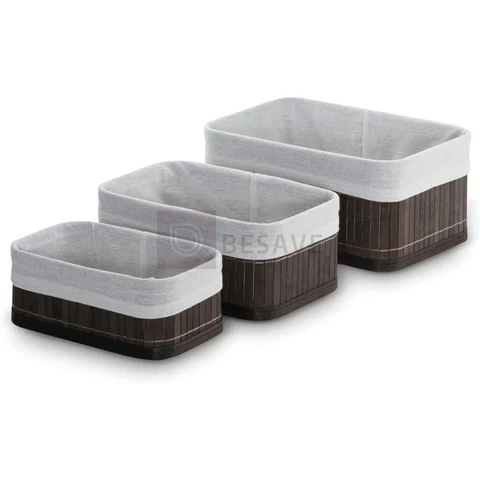 Mimo Style Jogo de 3 Cestos Organizadores Bambu na Cor Escura, Material Bambu, Madeira, Ferro e Algodão, Ideal para Organizar Seus Objetos Como: Livros, Revistas, Jornais, Além de Decorar Ambientes