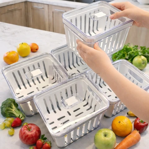 Organizador de Geladeira 3,8 Litros Cesto Com Tampa Multiuso Alimentos Verduras e Vegetais