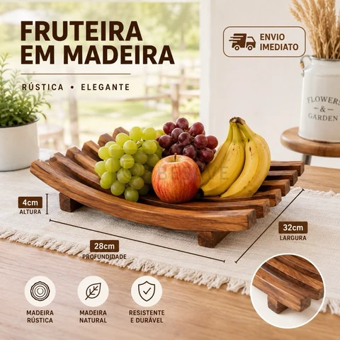 Fruteira De Madeira Rústica 32x28 Centro de Mesa Madeira Pinos Cesta de Frutas ou Porta Pratos