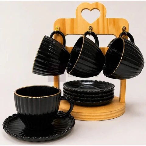 Conjunto Xícaras Preta Fio de Ouro Cha e Cafe 12 Peças Com Pires Vidro 100ml Decorada Borda de ouro