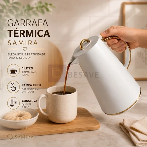 Garrafa Térmica Samira 1 Litro Branca Tampa Click Sem Vazamento Conserva Café Chá Água Quente e Fria