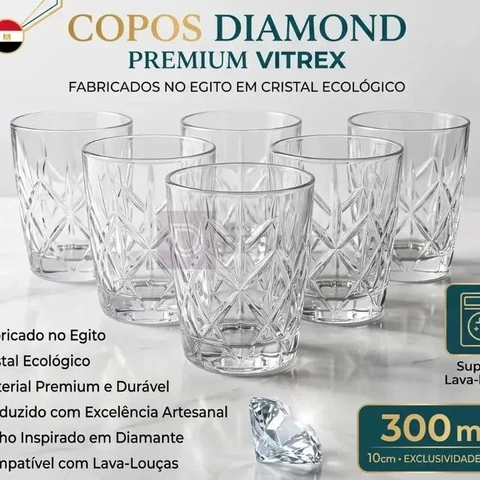 Jogo 6 Copos Diamond Egipcio 300ml Vidro Grosso Diamante Luxo Transparente Vitrex