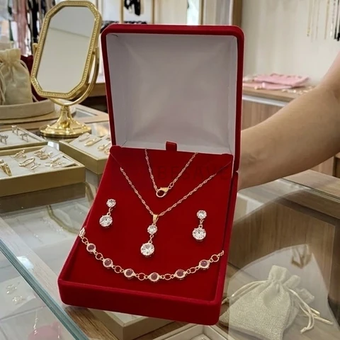 Correntinha Feminina Lindo Kit Com Colar Brincos Pulseira
