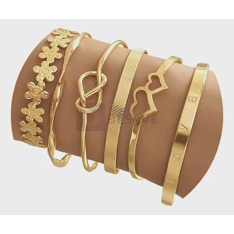 Conjunto De 6 Pulseiras Femininas Banhadas A Ouro 18k Luxo
