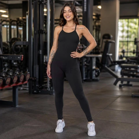 Macacão Longo Cruzado Feminino Suplex Blackout Roupa Macaquinho Fitness Zero Transparência 026