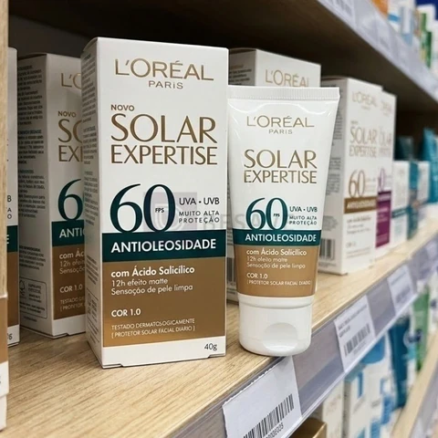 L'Oréal Paris Solar Expertise Antioleosidade, Protetor Solar Facial com FPS 60, 12h de Efeito Matte com Ácido Salicílico, Cor 1.0, 40g