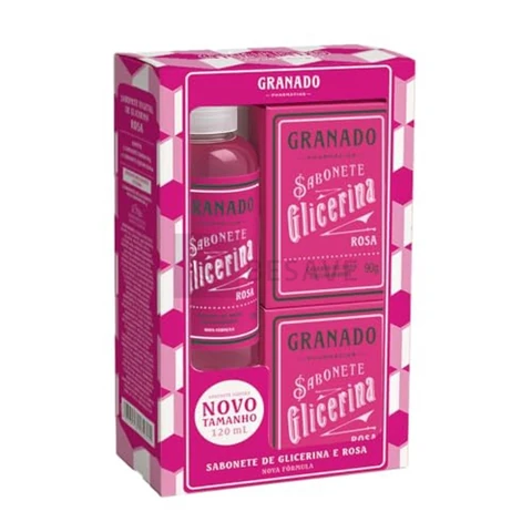Granado Kit, Glicerina, 2 Sabonetes Barra,90g + Sabonete Líquido Rosa 120ml