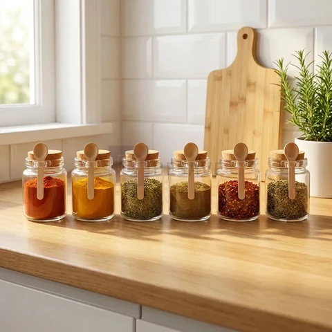 6 Potes Para Temperos Grande Vidro Com Colher De Bambu 240ml Transparente