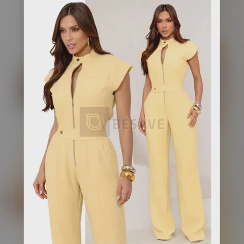 Macacão Feminino Cargo Longo Alfaiataria Ziper Frontal