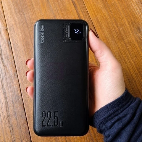Power Bank Basike 20000mAh Preto, Carga Rápida 22.5W para iPhone e Samsung, Com Cabos Embutidos e Display