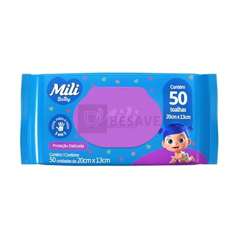 Mili Toalhas Umedecidas Baby, Uso Bebê, Com Aloe Vera e Calêndula, Dermatologicamente Testadas, 50 Unidades