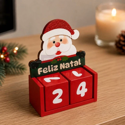 Mini Calendário Natalino Papai Noel com Cubos Mdf Decoração de Natal 10cm