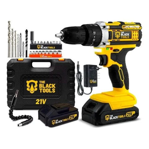 Furadeira Parafusadeira De Impacto 21v Com 2 Baterias Velocidade Ajustável 3/8 10mm Maleta E Acessorios Profissional The Black Tools
