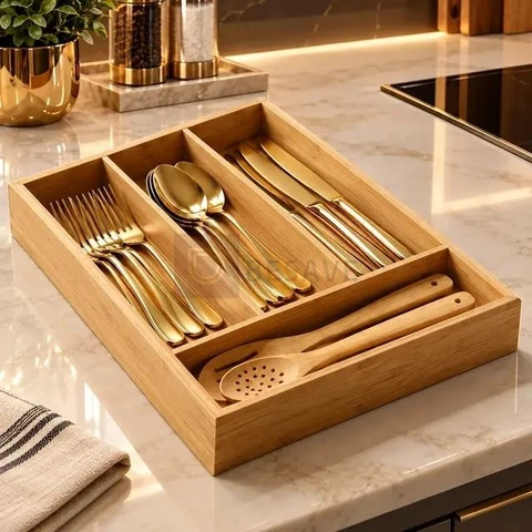 Porta Talheres Organizador Bambu Gaveta Talher 4 Divisórias