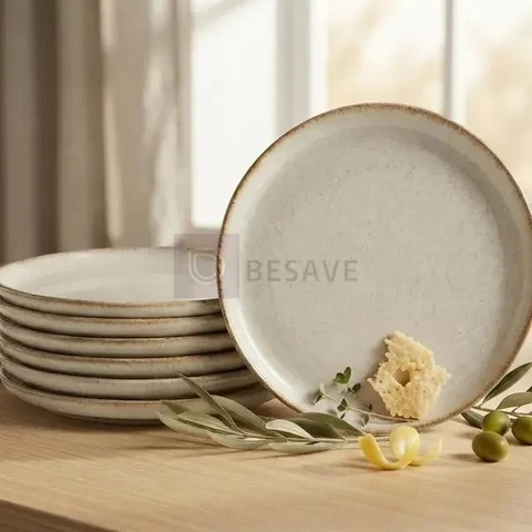 Kit 6 Pratos Rasos Porcelana Bege 27cm Rústico Premium
