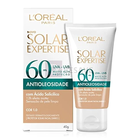 L'Oréal Paris Solar Expertise Antioleosidade, Protetor Solar Facial com FPS 60, 12h de Efeito Matte com Ácido Salicílico, Cor 1.0, 40g