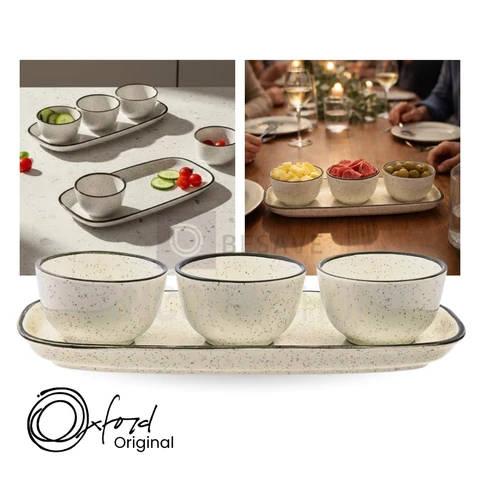 Jogo de Petisqueira 3 Bowls com Bandeja em Cerâmica Retangular Para Servir Domus Brisa Oxford