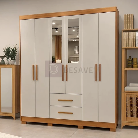 Guarda-roupa Casal com Espelho 6 Portas 2 Gavetas Sallêto Cinamomo/Off White