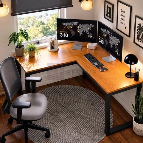 Escrivaninha Industrial Em L Berlim Mesa Escritório Home Office Para Estudo De Canto Em MDF Cor Canela Preto