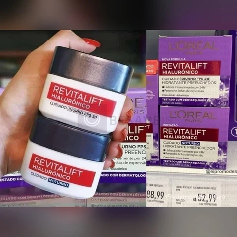 Kit Hidratante Facial L'Oréal Paris Revitalift Hialurônico Diurno FPS 20 + Noturno, Tratamento Antirrugas e Preenchedor com Ácido Hialurônico Puro, 49g