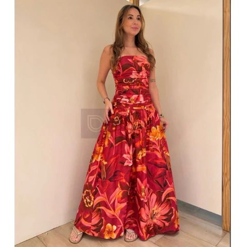 Conjunto Feminino Saia Longa E Top Tubo Estampado Tomara Que Caia Zíper E Elástico Costas