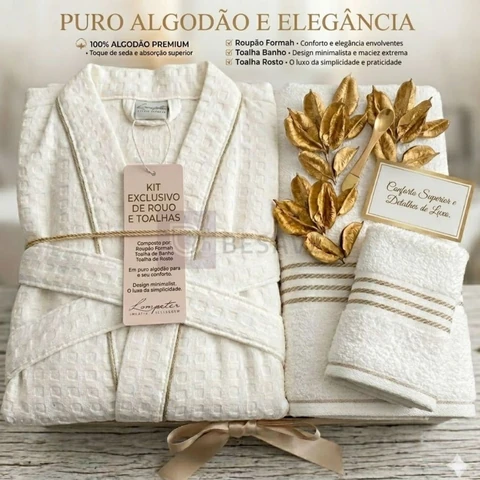 Kit Roupão + 2 Toalhas 100% Algodão (1 Banho + 1 Rosto + 1 Roupão) Unissex Toque Macio Envio Rápido