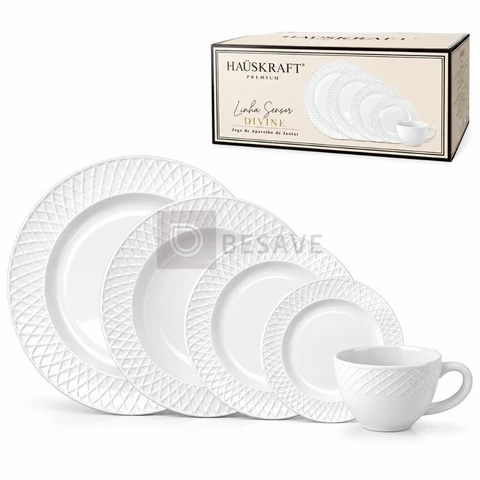 Aparelho de Jantar e Cha 20 Peças Opaline Divine Branco Hauskraft Pratos e Xicaras Resistente
