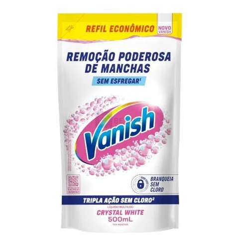 Tira Manchas Líquido Vanish White refil 500ml para Roupas Brancas. Sem Cloro, remove manchas sem danificar os tecidos e deixa o branco até 5 tons mais branco. Confie em Vanish.