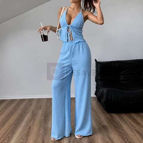 Conjunto Feminino Liz Calça Pantalona Inverno + Blusinha Top Amarração Look Versátil