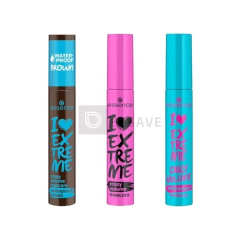 Kit 3 Máscaras de Cílios I Love Extreme Crazy Volume, Preta, Preta e Marrom à Prova D’água essence, Mega Volume, Alongamento e Longa Duração
