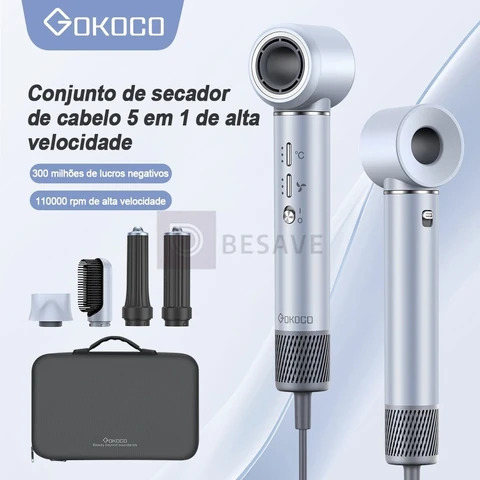 GOKOCO Secador De Cabelo Com 5 Em 1 GD023 Escova Magnético Multifuncional De Alta Velocidade Com Alisar Enrolar Hot Air