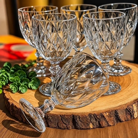 Jogo 6 Taças De Vidro Diamond Cristal 340 ML Luxo Elegante Agua Suco Vinho Champanhe Restaurante Bar Adega