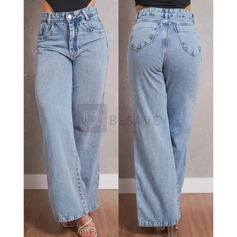 Calça Jeans Feminina Wide Leg Pantalona Sem Lycra Casual Cintura Alta Marmorizada Elegante Premium