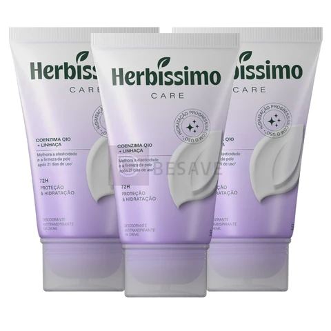 Kit Creme Desodorante Antitranspirante Herbíssimo Bisnaga Care Linhaça E Coenzima Q10 55g (3 unidades)