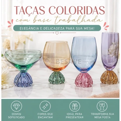 Taça de Vidro Colorida com Base Trabalhada | Mesa Posta Premium