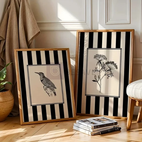 Quadro Decorativo Duas Peças Pássaros e Flores Desenho Minimalista Natureza