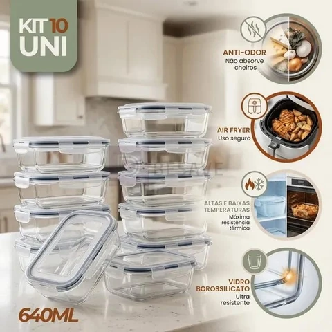 Kit 10 Pote De Vidro Marmita Hermético 640ml Freezer Fitness Rishon